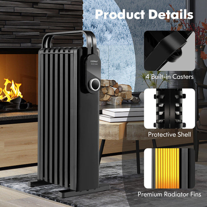 1500W Oil-Filled Radiator Space Heater with Foldable Handle, Portable Electric Heater