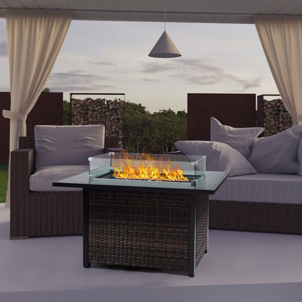 44″ Outdoor Propane Fire Pit Table, 50,000 BTU, With Glass Guard & Lid, Willow Base for Patio