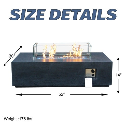52 Inch Dark Concrete Rectangle Gas Fire Pit, Outdoor Propane Table