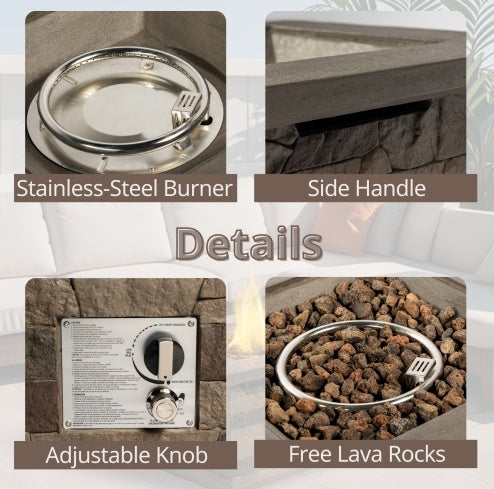 28 Inch Square Stone Propane Fire Pit, Concrete, Outdoor Gas Table