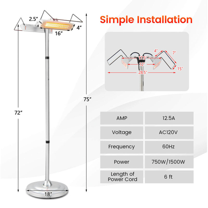 1500W Freestanding Electric Heater, Double-Sided Infrared Panels