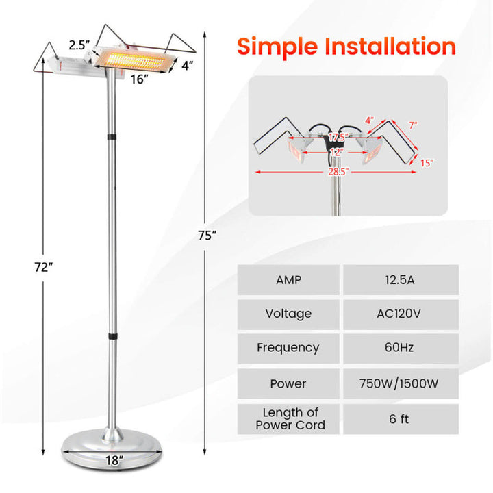 1500W Freestanding Electric Heater, Double-Sided Infrared Panels
