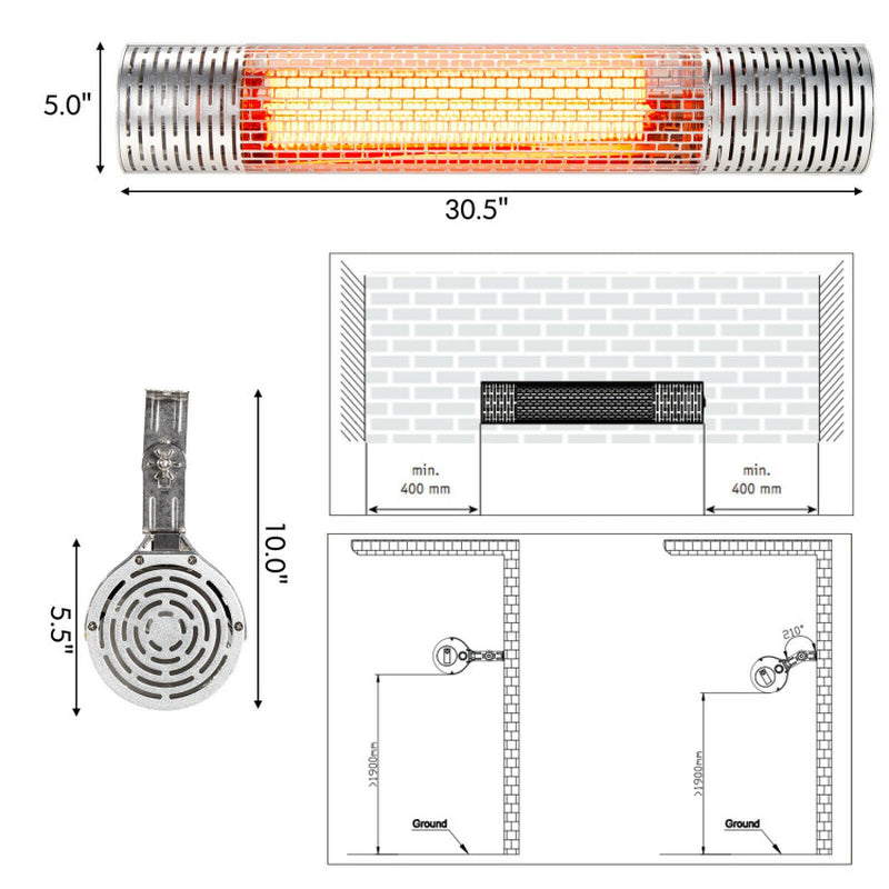 1500W Far Infrared Wall-Mounted Electric Heater, Silver Finish, Indoor Outdoor