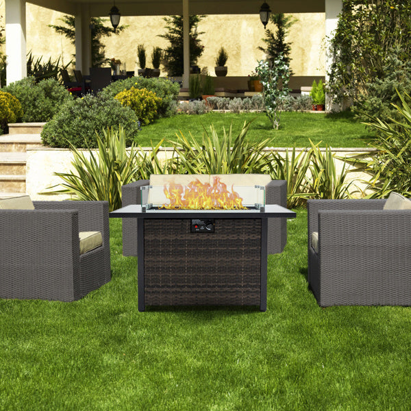 44″ Outdoor Propane Fire Pit Table, 50,000 BTU, With Glass Guard & Lid, Willow Base for Patio