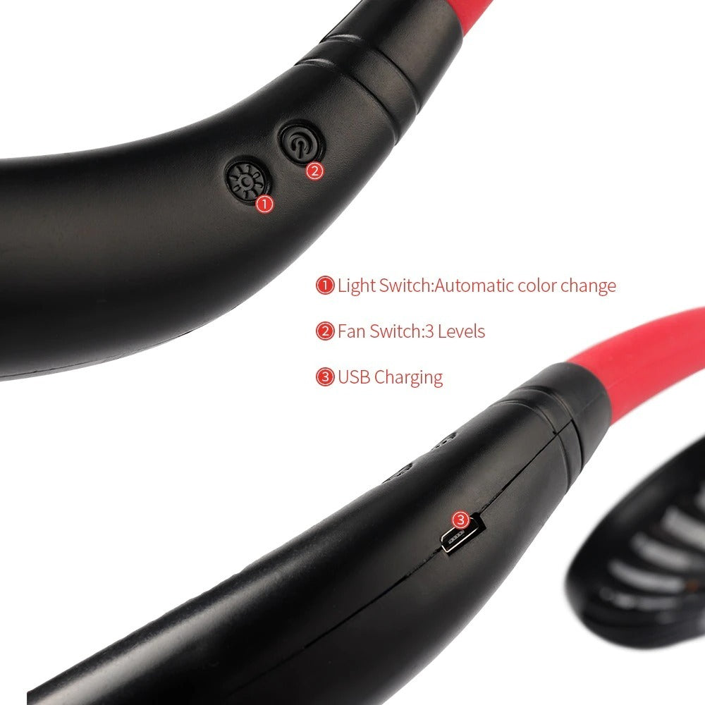 Portable Hanging Neck Fan, USB Powered, Double Head, Lights & Aroma Feature