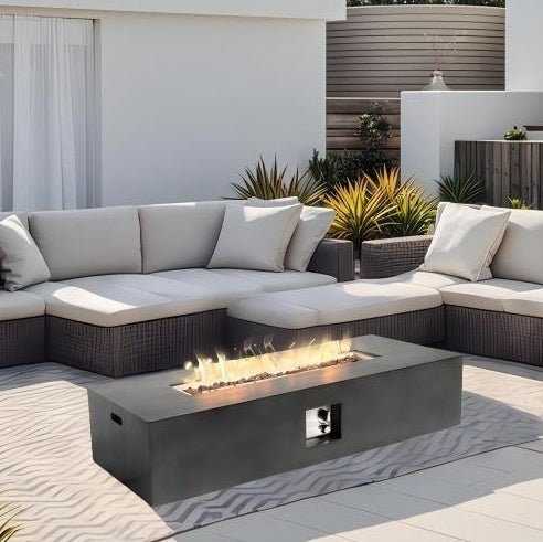56″ Outdoor Propane Fire Pit Table, 50,000 BTU, Rectangular Stone Gas Fireplace with Lava Rocks & Rain Cover - UFOHEATERS
