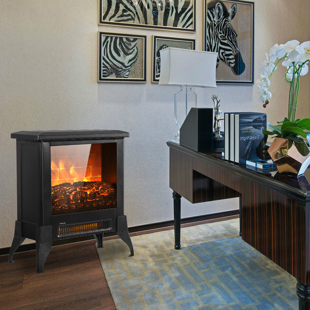 14-Inch Electric Fireplace Heater, 1400W, Freestanding Iron Stove with Fake Firewood, US Plug