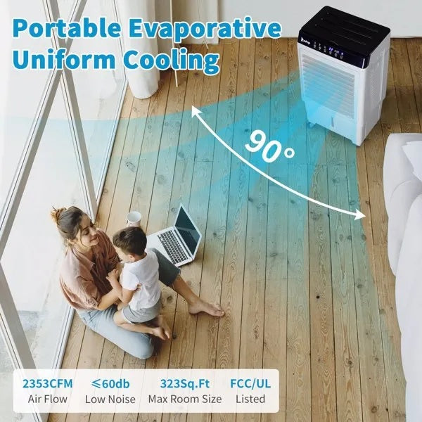 Portable Evaporative Cooler, 2353 CFM, 4 Ice Packs, Remote, Indoor/Outdoor Use
