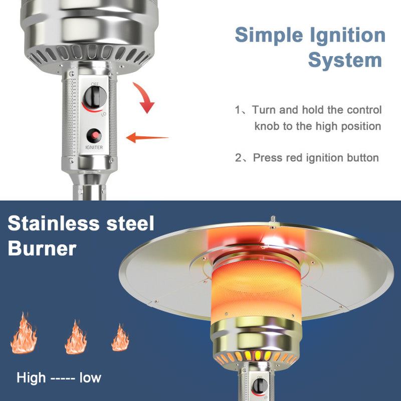 50000 BTU Stainless Steel Propane Patio Heater, Outdoor Use with Piezo Ignition
