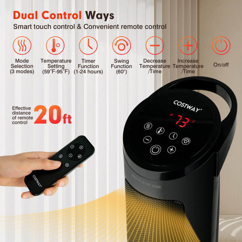 1500W PTC Ceramic Electric Space Heater with Remote, Quiet & Efficient, Black