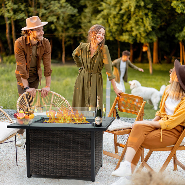 44″ Outdoor Propane Fire Pit Table, 50,000 BTU, With Glass Guard & Lid, Willow Base for Patio