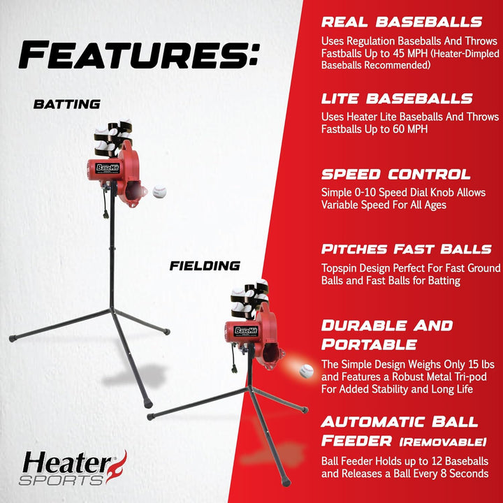 Heater Sports Adjustable Baseball Pitching Machine 7.45, Base Hit Lite