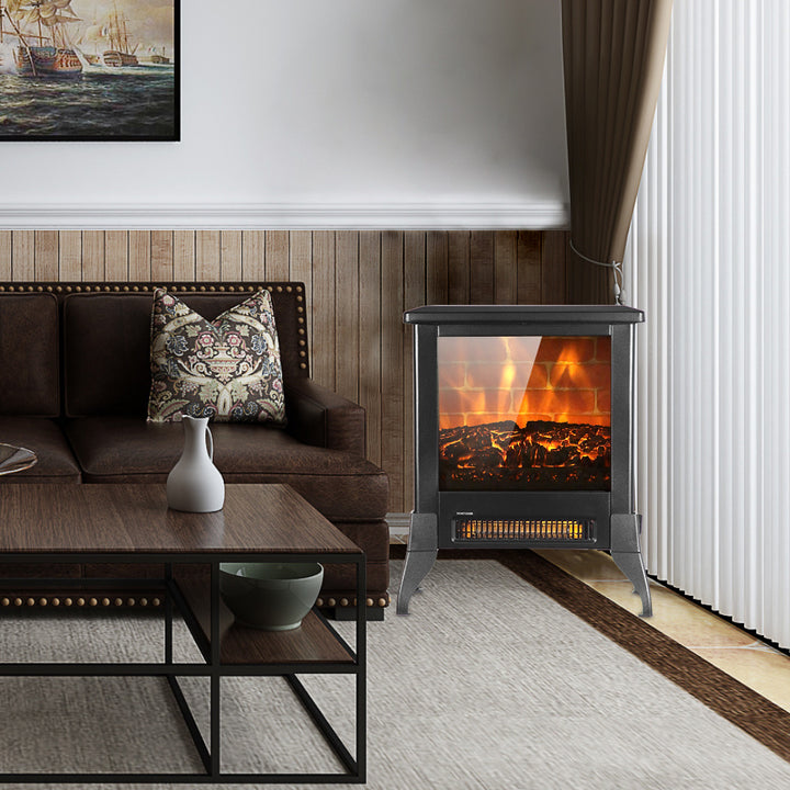 14-Inch Electric Fireplace Heater, 1400W, Freestanding Iron Stove with Fake Firewood, US Plug