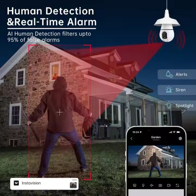 3MP 360° Smart Bulb Camera, WiFi Security Surveillance, Night Vision