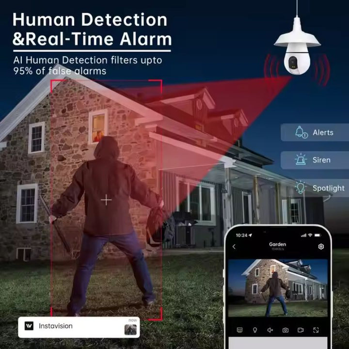 3MP 360° Smart Bulb Camera, WiFi Security Surveillance, Night Vision