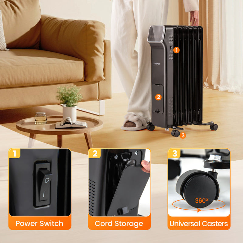 1500W Oil-Filled Radiator Heater, Remote Control & Timer