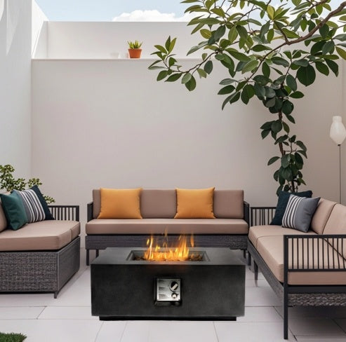 35″ Outdoor Propane Fire Pit Table, 50,000 BTU, Square Stone Planter Base with Stainless Burner