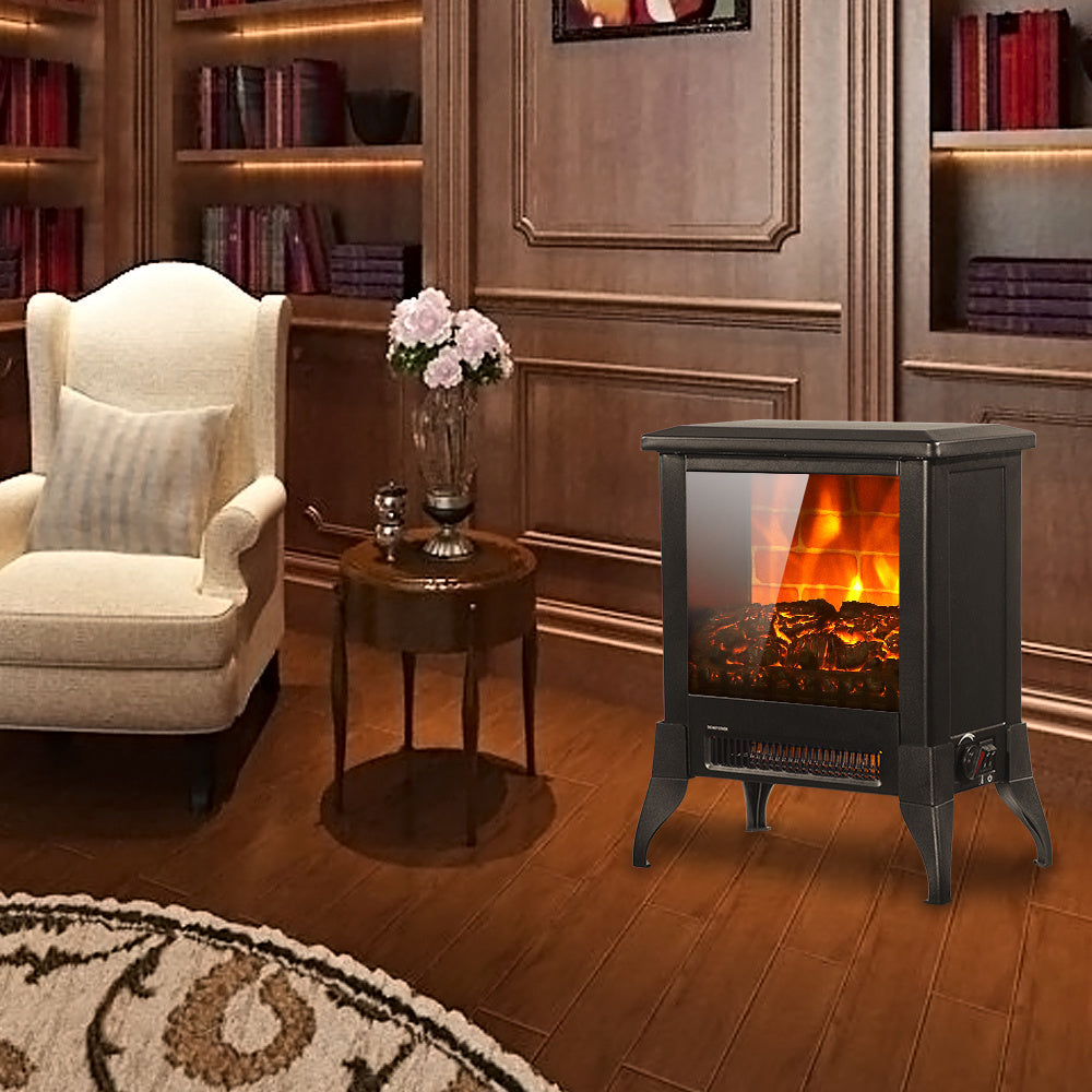 14-Inch Electric Fireplace Heater, 1400W, Freestanding Iron Stove with Fake Firewood, US Plug