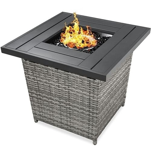 50,000 BTU Grey Wicker Gas Fire Pit, Round Propane, Wood Top