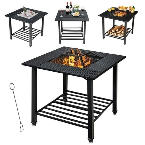 4 in 1 Square Fire Pit with Grill, BBQ Grate, Ice Bucket, Dining Table