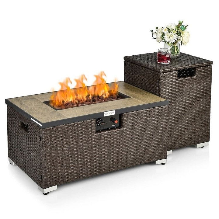 Brown Propane Fire Pit, Side Table, Tank Holder, Outdoor PE Gas