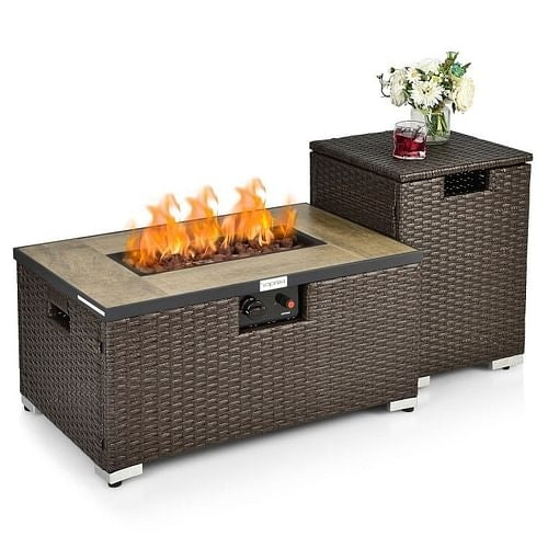Brown Propane Fire Pit, Side Table, Tank Holder, Outdoor PE Gas