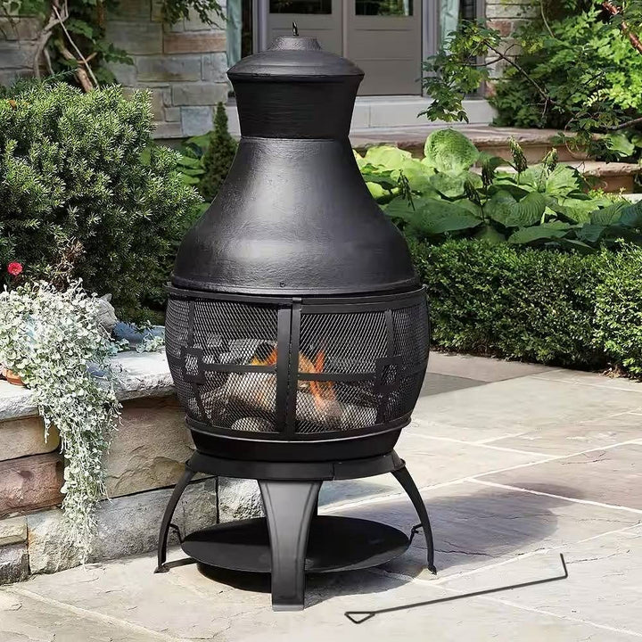 45 Inch Black Cast Iron Chimenea, Steel Outdoor, Wood Burning Fire