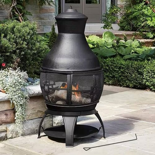 45 Inch Black Cast Iron Chimenea, Steel Outdoor, Wood Burning Fire