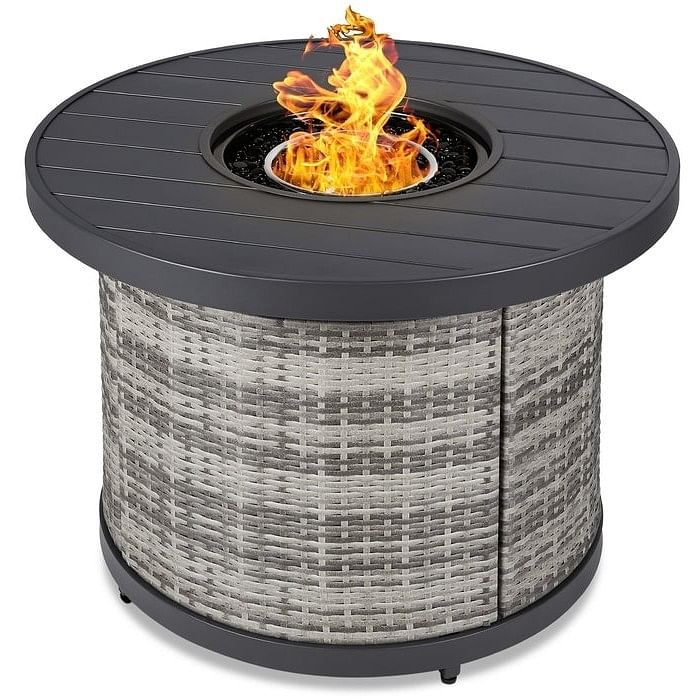 50,000 BTU Round Gas Fire Pit, Grey Wicker, Faux Wood Top