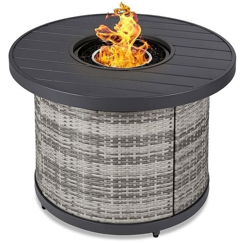 50,000 BTU Round Gas Fire Pit, Grey Wicker, Faux Wood Top