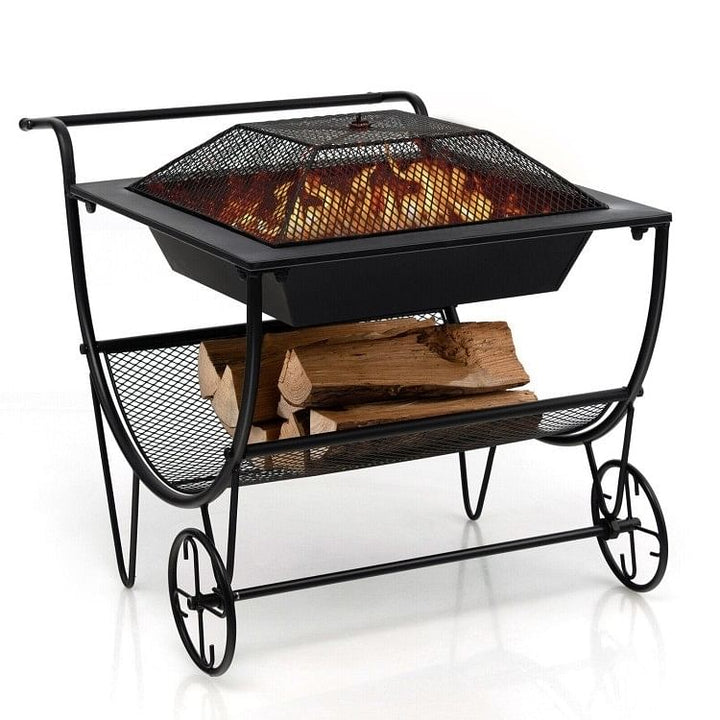 Portable Wood Burning Fire Pit, Wheeled Log Storage, Outdoor Fire Bowl