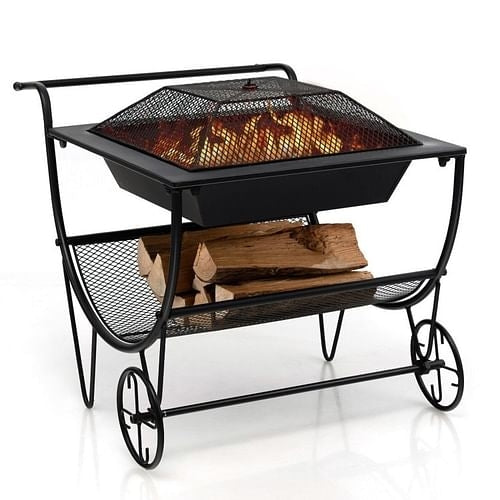 Portable Wood Burning Fire Pit, Wheeled Log Storage, Outdoor Fire Bowl