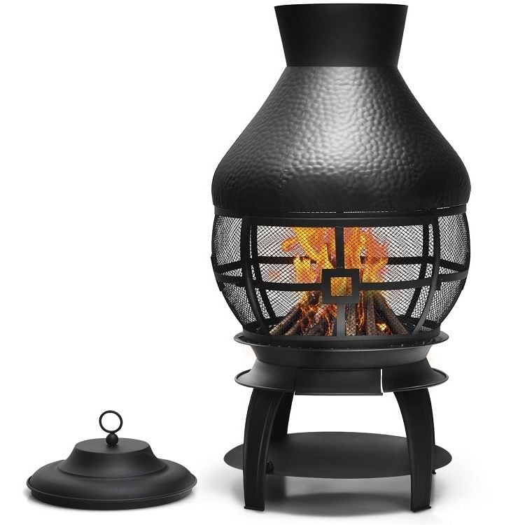 Black Rustic Iron Chiminea, Wood Burning Outdoor Fire Pit, Chimney