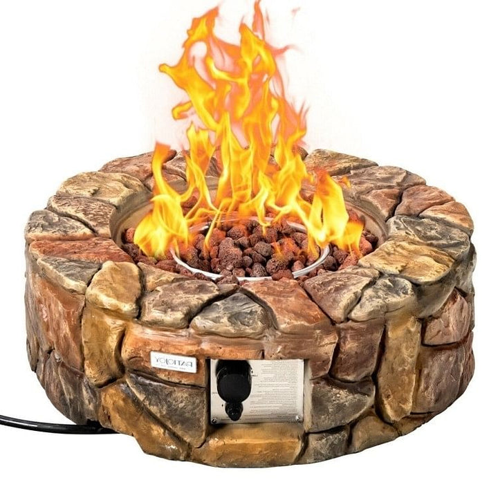 40,000 BTU Round Stone Gas Fire Pit, Outdoor Propane Fire Bowl