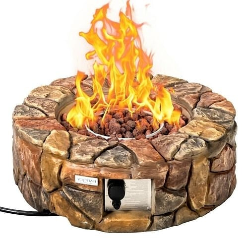 40,000 BTU Round Stone Gas Fire Pit, Outdoor Propane Fire Bowl