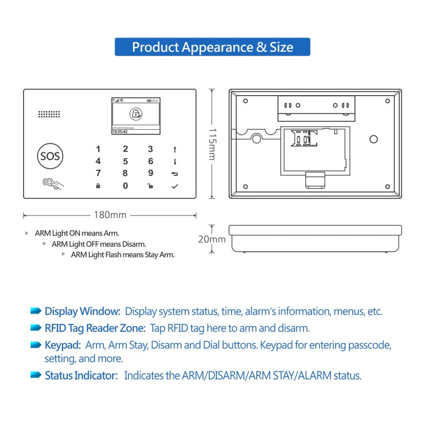SAS-10 Smart Alarm Security System, WiFi & 4G GSM, Motion + Door/Window Sensor
