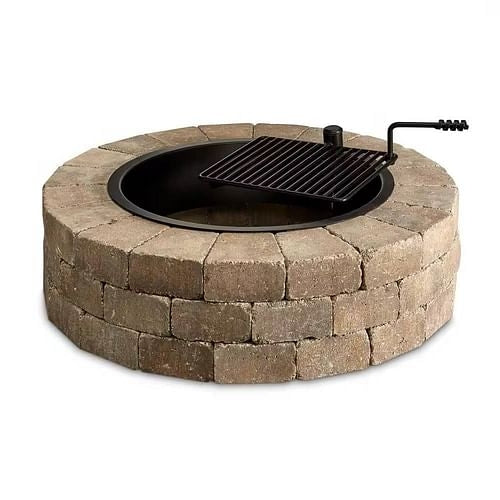 48 Inch Round Stone Fire Pit Kit, Cooking Grate, DIY Outdoor Fire
