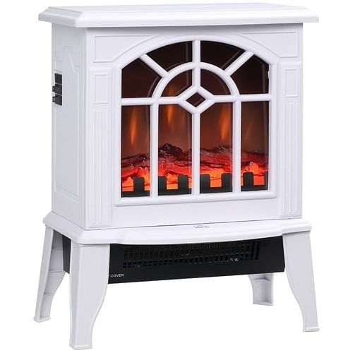 White Electric Fireplace Heater with LED Log Flame, Compact and Elegant