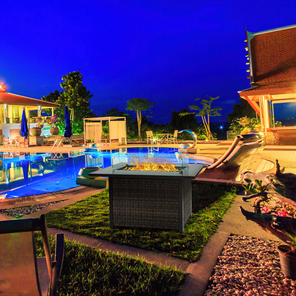 44″ Outdoor Propane Fire Pit Table, 50,000 BTU, With Glass Guard & Lid, Willow Base for Patio