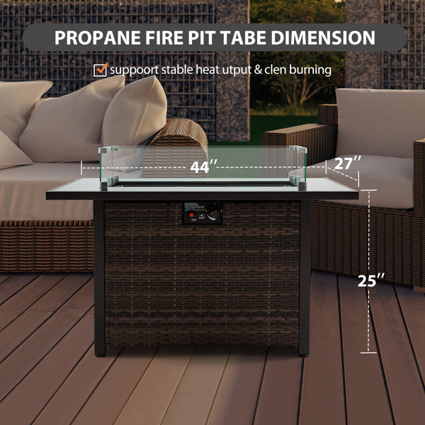 44″ Outdoor Propane Fire Pit Table, 50,000 BTU, With Glass Guard & Lid, Willow Base for Patio