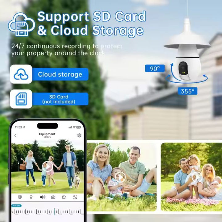 3MP 360° Smart Bulb Camera, WiFi Security Surveillance, Night Vision