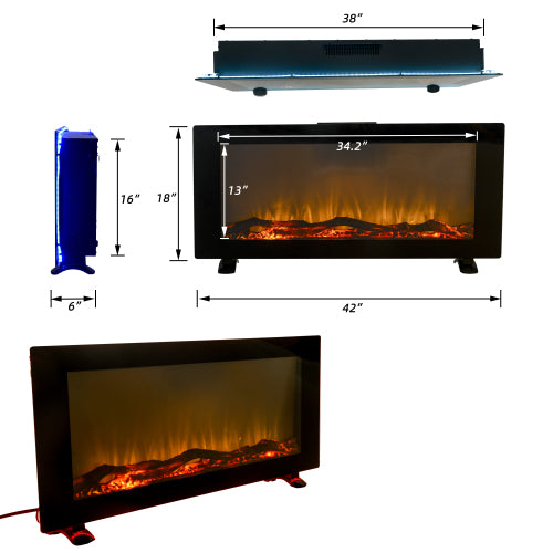 42″ Wall-Mounted Electric Fireplace, 10 Color Flame with Remote, Modern Design