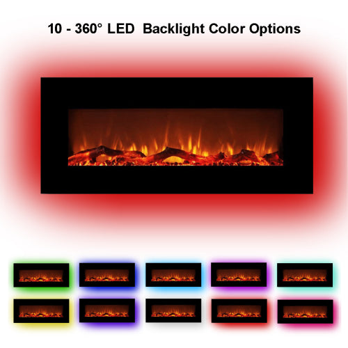 42″ Wall-Mounted Electric Fireplace, 10 Color Flame with Remote, Modern Design