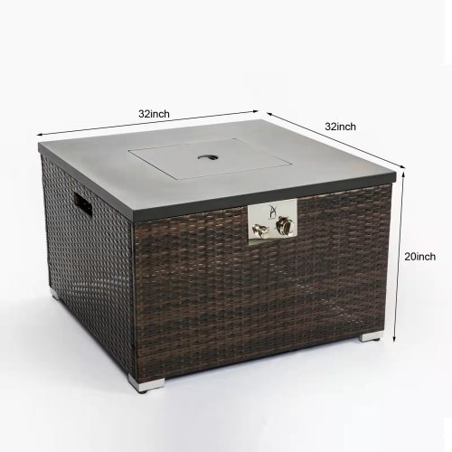 Square Gas Fire Pit Table, Dark Brown Wicker, Outdoor Propane Heater