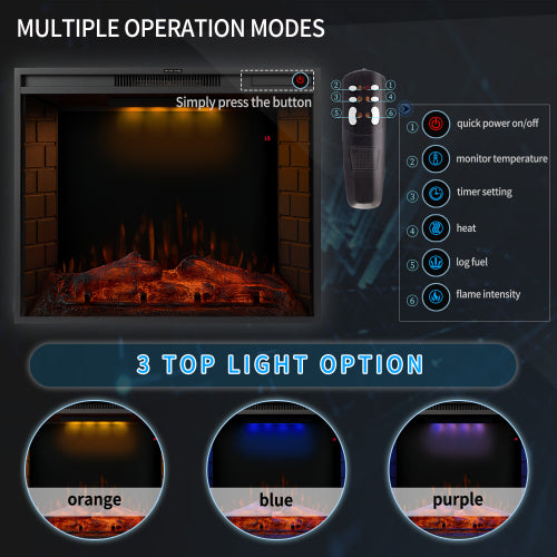 30″ Recessed LED Electric Fireplace, 3 Light Settings, Wall Mountable