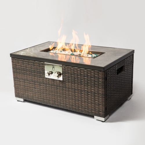 Elegant Rectangular Rattan Fire Pit Table, Outdoor Wicker Gas Heater