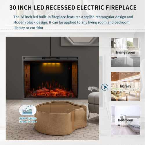 30″ Recessed LED Electric Fireplace, 3 Light Settings, Wall Mountable