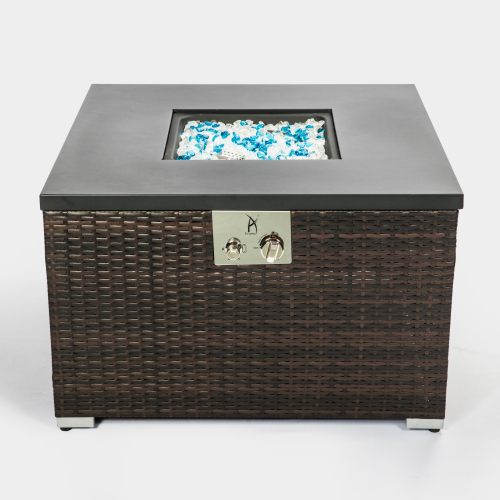Square Gas Fire Pit Table, Dark Brown Wicker, Outdoor Propane Heater
