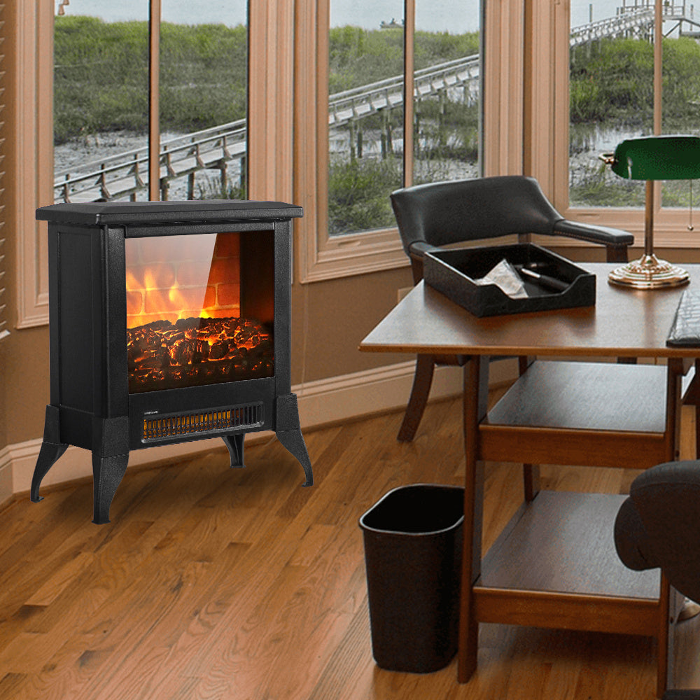 14-Inch Electric Fireplace Heater, 1400W, Freestanding Iron Stove with Fake Firewood, US Plug