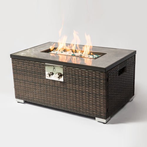 Elegant Rectangular Rattan Fire Pit Table, Outdoor Wicker Gas Heater - UFOHEATERS